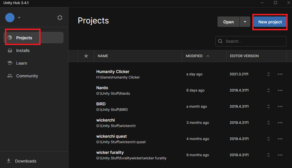 unity hub project list