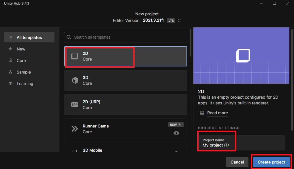 unity hub create project 2D