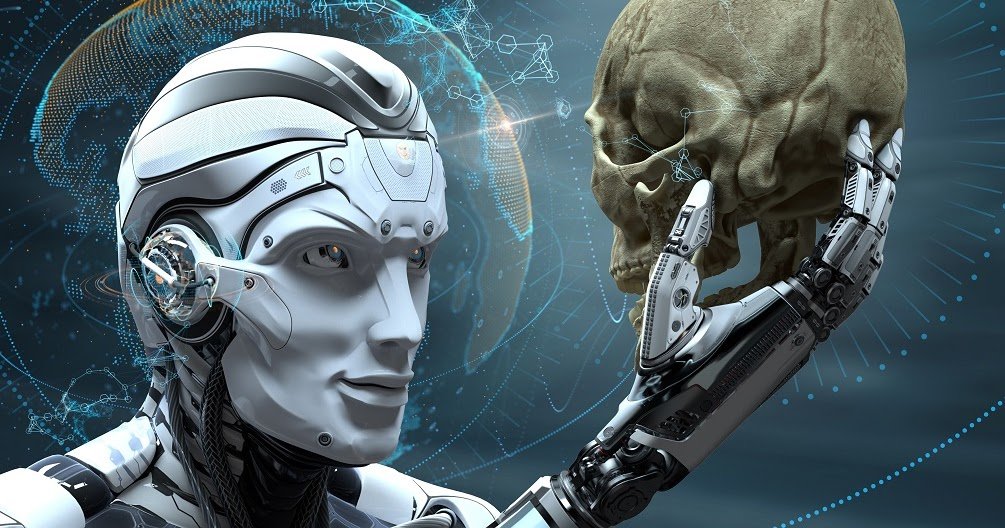 robot looking at human skull