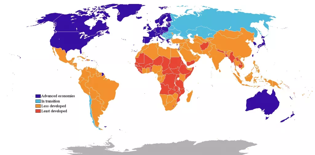 Countries in map by development level