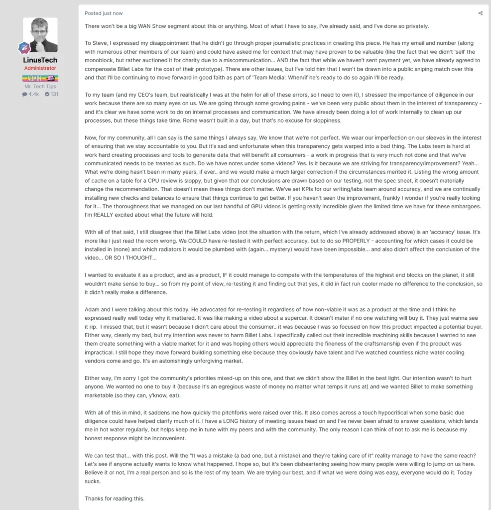 Linus tech tips being childish responding to accusation from gamernexus